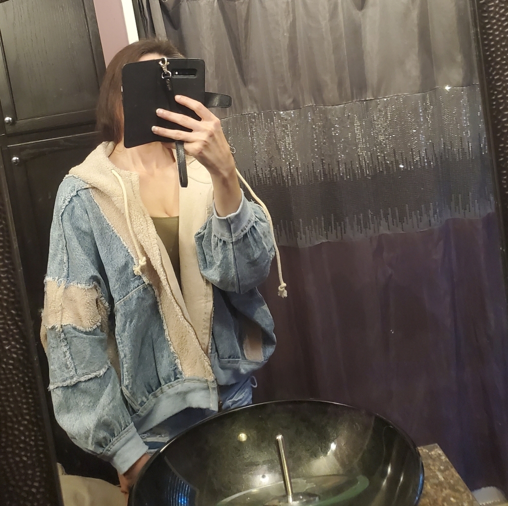 BIBI Oversized Patchwork Hoodie – Denim & Sherpa Zip Up, Streetwear Style - Picture 15 of 15